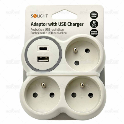 Solight rozbočka, 3x 15A, USB nabíječka A+C, bílá-šedá